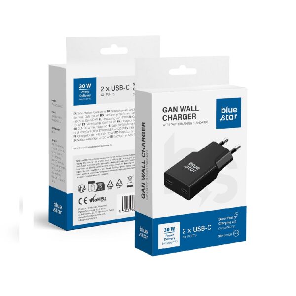 ΦΟΡΤΙΣΤΗΣ BLUESTAR SLIM GAN 2x TYPE C 3A 30W(ΧΩΡΙΣ ΚΑΛΩΔΙΟ)-ΜΑΥΡΟ