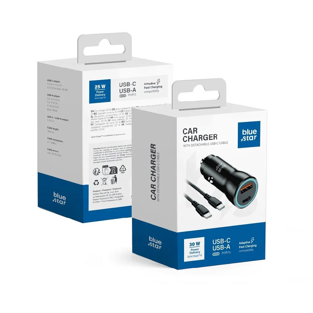 CAR CHARGER BLUE STAR 2 PORTS 3A 30W + CABLE USB C - USB C BLACK - Image 1