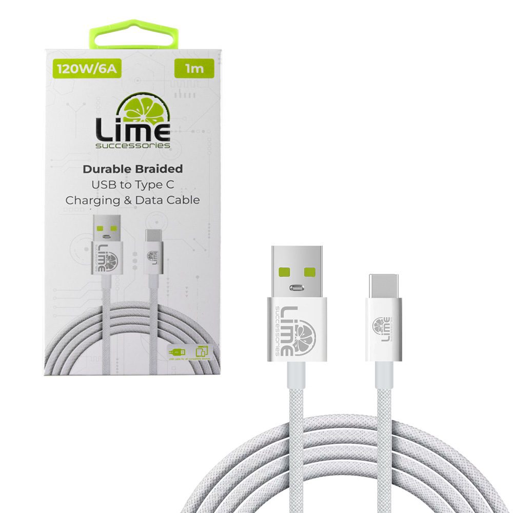 LIME_120W_VWHITE_1 ΚΑΛΩΔΙΟ USB C ΣΕ USB C LIME BRAIDED 6A 1m LBUC01 120W - ΑΣΠΡΟ - Image 1