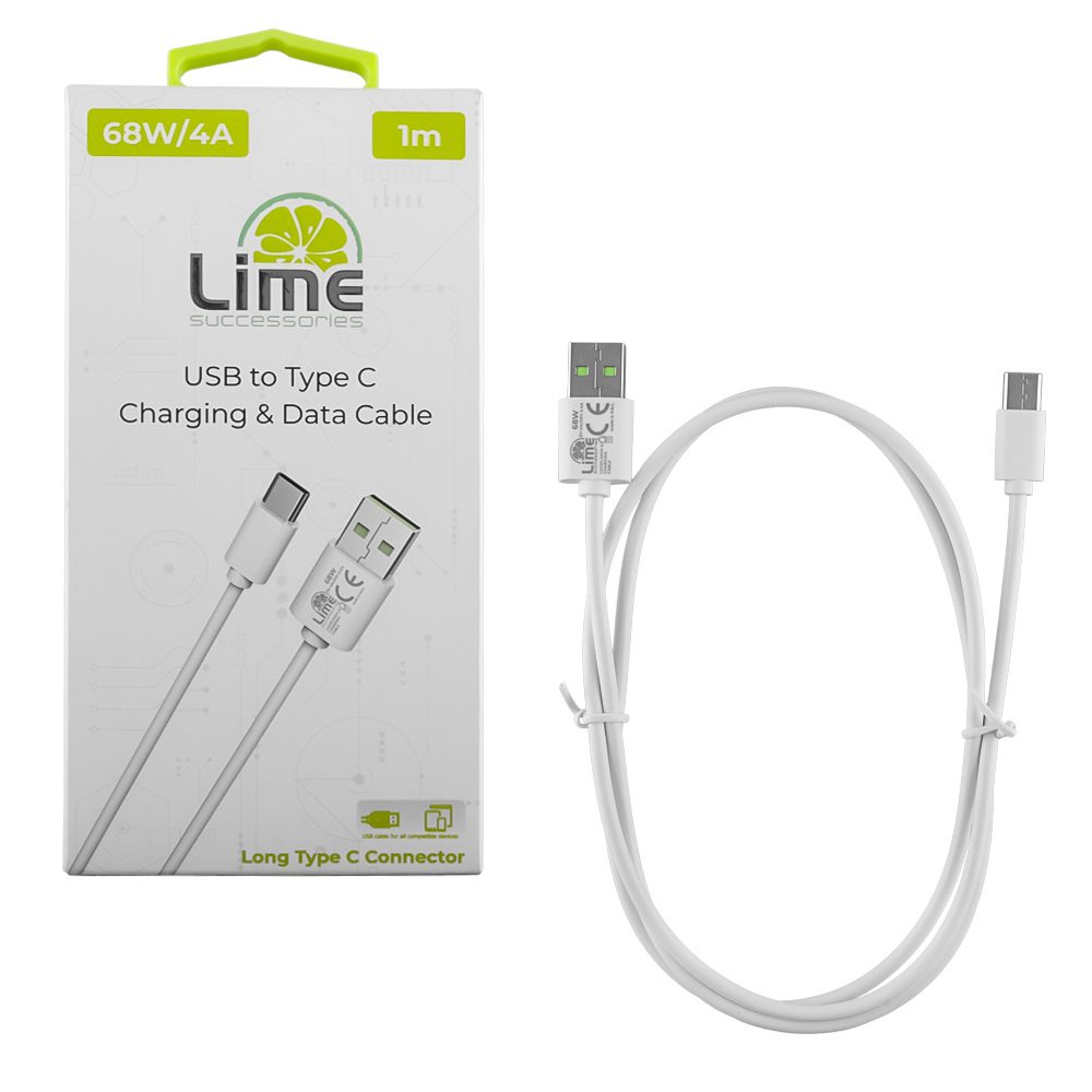 LIME_68W_4A_WHITE_1 ΚΑΛΩΔΙΟ USB ΣΕ USB C LIME CHARGE-DATA LONG 4A 1m LUC03 68W-ΑΣΠΡΟ - Image 1