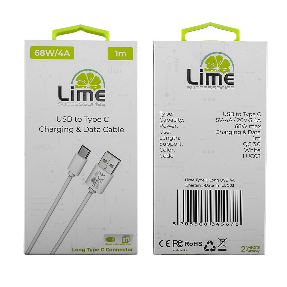 LIME_68W_4A_WHITE_3 ΚΑΛΩΔΙΟ USB ΣΕ USB C LIME CHARGE-DATA LONG 4A 1m LUC03 68W-ΑΣΠΡΟ - Image 4